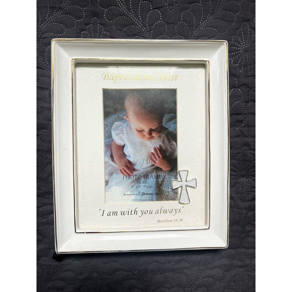 Baptized In Christ, Roman Inc. 2002 Cream & Gold Ceramic Picture Frame Deco READ